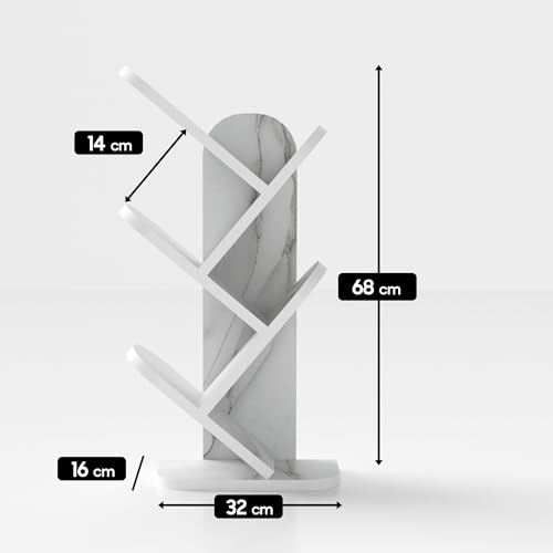 Image of SBF Furniure 5-Tier Modern Tree Bookshelf - Freestanding Black Bookcase for Home & Office | Space-Saving Vertical Display Shelf for Books, Decor & Plants (White)