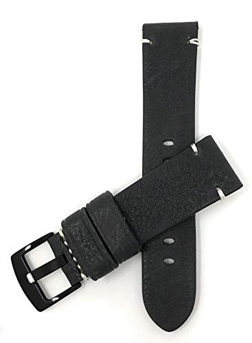 Bandini 20mm Mens Vintage Genuine Leather Watch Band Strap - Black - Minimal Stitch - Black Buckle