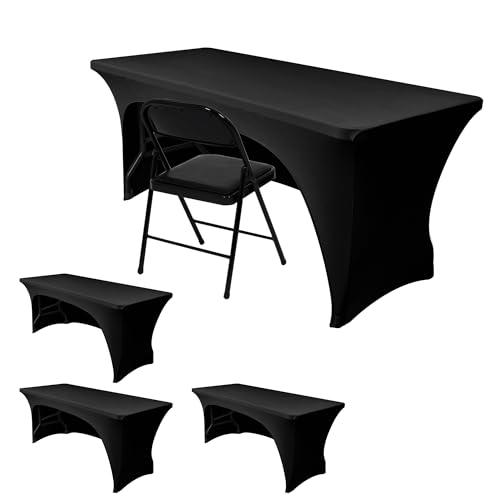 Nasitos 4 Pack Fitted Black Table Cloth 6 Foot-Open Back Spandex Table Covers 6ft Rectangle Table, Washable and Wrinkle Resistant Stretch Trade Show Table Cover for Patio, Parties, Banquet, Festival