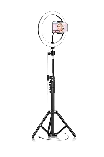 26 cm halka ışık ve tripod seti; Bluetooth kumanda, 3 ışık modu, 10 parlaklık seviyesi, USB bağlantısı ve telefon tutucu