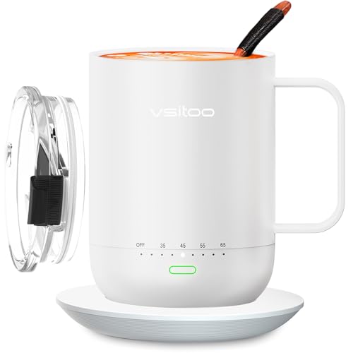 vsitoo Taza de café inteligente con control de temperatura S3 PRO, 14 Oz, calentador de café autocalentable con control manual y por APP, recargable y a pilas, luz LED (Blanco)
