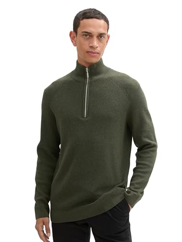 TOM TAILOR Herren Troyer Strickpullover aus Baumwolle, 36230 - Rosin Green Melange, L