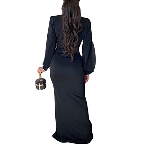 Women Sexy Wrap V Neck Lantern Long Sleeve Twist Front Split Maxi Long Bodycon Cocktail Party Dress Black S #TOP1