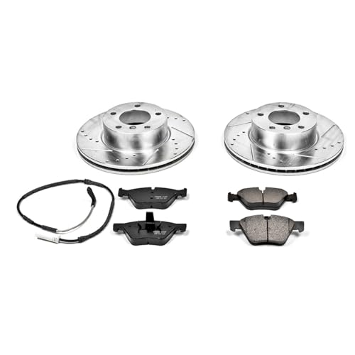 Image of PowerStop Front Brake Kit for BMW 325xi 2006 | BMW 328xi 2007 - Drilled and Slotted Disc Rotors with Carbon-Fiber Ceramic Brake Pads Replacement, K4589