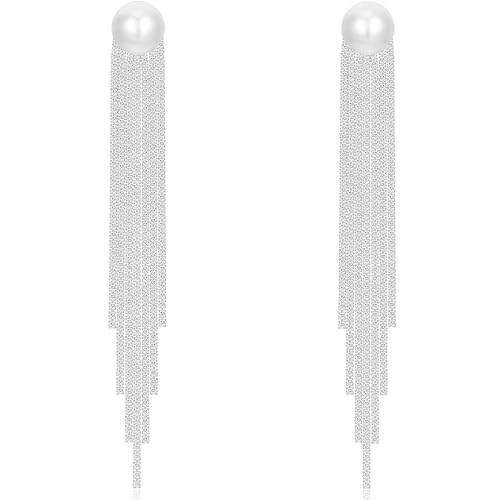 JUNENTER キラキラ輝くクリスタルフリンジパールロング軽量シルバースタッドイヤリング 上品なキュービックジルコニアタッセルウェディングダングルドロップイヤリング レディースジュエリーギフト (パール)