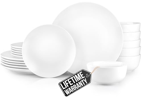 Image of Zulay Kitchen Icon Porcelain Dinnerware Set, Service For 6 - Chip & Scratch Resistant White Plates And Bowls Sets - Microwave & Dishwasher Safe - White