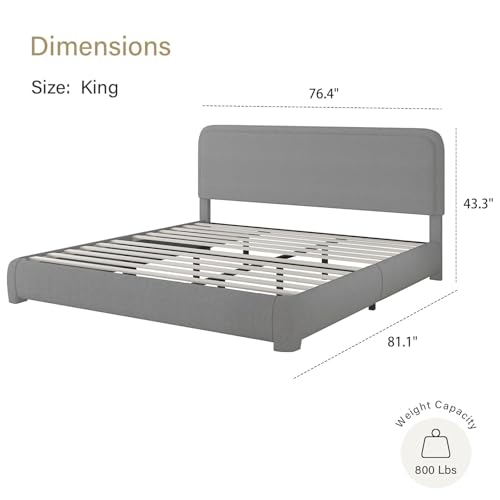 King Size Boucle Upholstered Platform Bed Frame, Modern Style, Soft Rounded Corners, No Box Spring Required, Easy Assembly, Light Grey