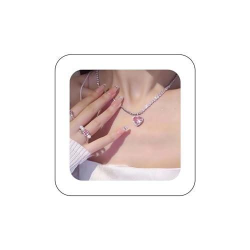 Allereyae Vintage Pink Crystal Heart Pendant Necklace Rhinestone Heart Necklace