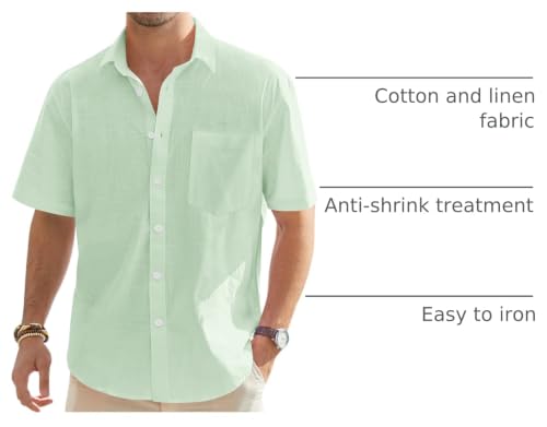 Image of J.VER Mens Linen Shirt Short Sleeve Button Down Casual Summer Shirts | Cotton Linen, Untucked, Big Tall, from Beach Camp Vacation, Cruise Fishing, Work Office, to Wedding Party Family, with Pocket