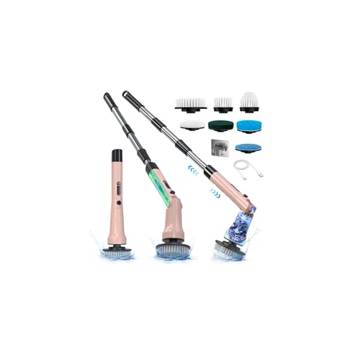 Image of Electric Spin Scrubber, Hillyfe Bathroom Scrubber Electric with 7 Replaceable Brush Heads, IPX7 Waterproof,300 /400 RPM, 3 Adjustable Length,Scrubber Brush Electric for Bathtub Floor,Pink
