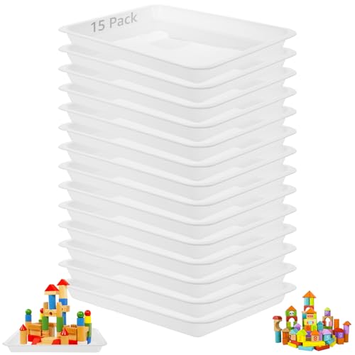 CYEER 15 bandejas de plástico 34 x 25 x 3 cm, bandeja rectangular de plástico blanco, bandeja reutilizable para servir, bandejas de cocina para aperitivos, alimentos, galletas, bloques de madera