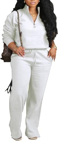 HipGlamp Women's 2 Piece Tracksuit in Solid Colors Half Zip Mock Neck Top & Wide Leg Pants Plus Size Athleisure for All Day Comfort White-XL