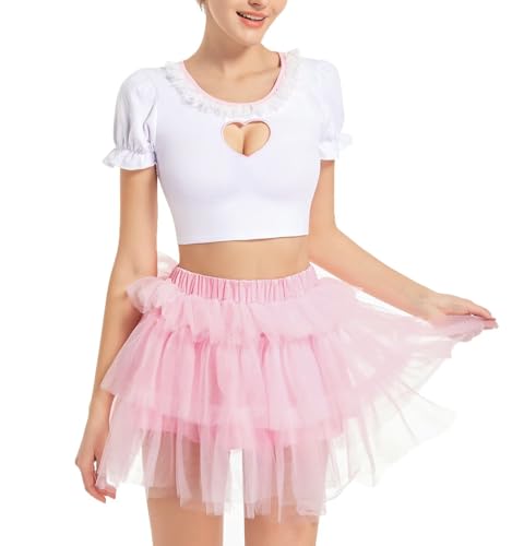 Womens Mesh Tulle Puffy Skirts Ruffle Skirt Pink Skirt Kawaii Fluffy Princess Short Ballerina Skirt - Pink Cake2