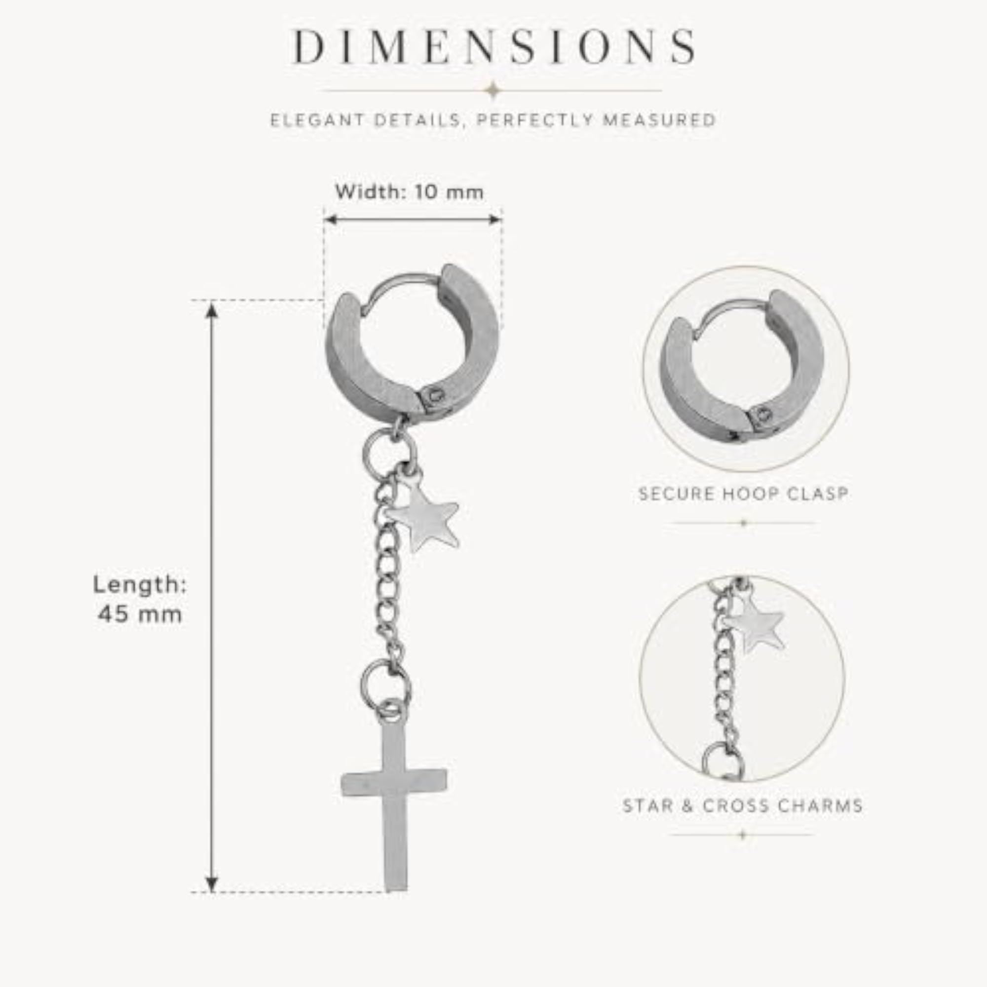 Religious Jesus Cross Double Chain Star Silver Stainless Steel Hoop Earrings, Unisex