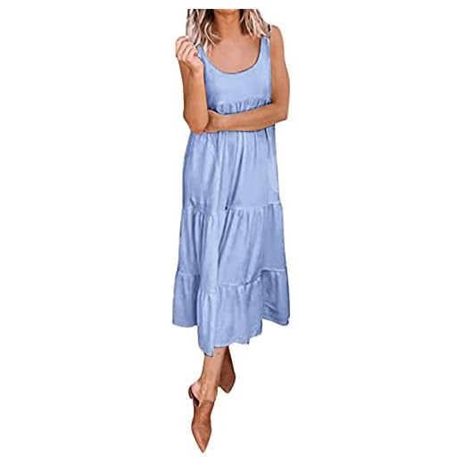 Vestido de mujer elegante de verano largo vestido puro- vestido de playa suelto casual sin mangas maxi vestido elegante vestido playa L0266, azul, L