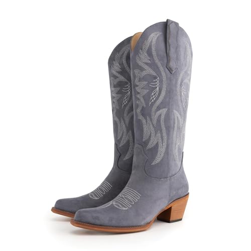 Image of KaroNairy Women Cowboy Boots Faux Suede Embroidered Pointed Thick Heeled Western Wide Calf Cowgirl Ponited Toe Mid Calf Boots
