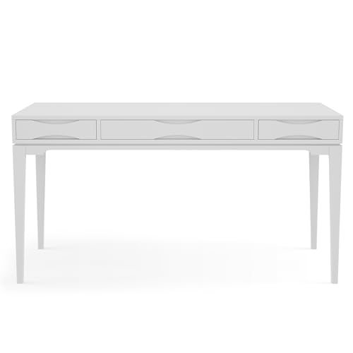 Image of SIMPLIHOME Harper Desk - 60 Inch Wide Solid Wood Writing Desk in White, Mid-Century Modern Home Office Computer Table for Workspace or Study with 2 Drawers and Flip-Down Keyboard Tray