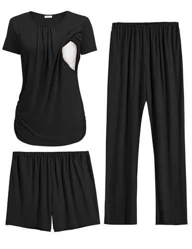 Image of Ekouaer Maternity Nursing Pajamas Set 3 Piece Postpartum Lounge Breastfeeding Pjs Pregnancy Shorts & Pants S-XXL