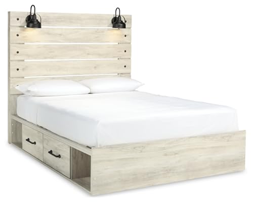 Image of Signature Design by Ashley Cambeck Queen Storage Bed Frame, Platform Bed with Drawers and No Box Spring Needed, Engineered Wood and Decorative Laminate for Master Bedrooms, Whitewash