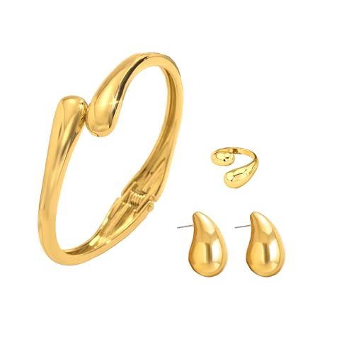 Gold Bangle Bracelet Teardrop Earring Rings Sets for Women Teens, 14K Plated Trendy Chunky Adjustable Jewelry Sets Gift
