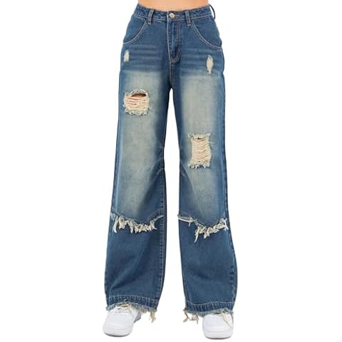 Twiin Sisters Women's Wide Fit High Waist Wide Leg Distressed Denim Jeans Pants for Women, Vintage, Large Cover