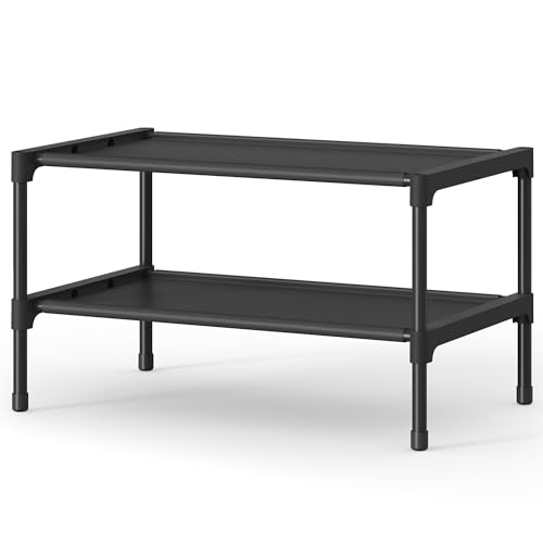 SONGMICS Shoe Rack, 2-Tier Shoe Storage Organizer, Space-Saving, 11.7 x 16.5 x 12.2 Inches, Entryway, Metal Frame, Non-Woven Fabric Shelves, Ink Black