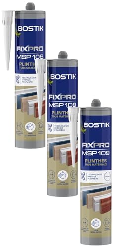 Bostik FIXPRO – Mastic Plinthes Tous Matériaux MSP 109 – Colle de Fixation Plinthes – Intérieur/Extérieur – Mastic Hybride Polymère – Prise Immédiate – Blanc – Cartouche 290 ml (Lot de 3)