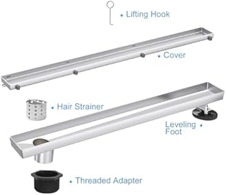 Offset Linear Shower Drain, Shower Drain 24 inch with 2-in-1 Tile Insert Cover, Brushed AISI 304 Stainless Steel Side Outlet Shower Floor Drain with Hair Catcher and Adjustable Feet