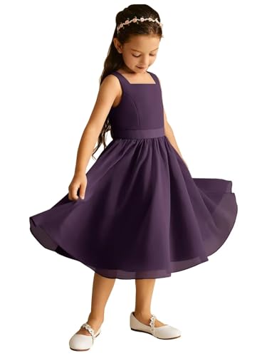 Square Neck Chiffon Flower Girl Dresses for Wedding A-line Tea Length First Communion Dress