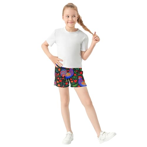 Folk Art Colorful Roosters Girls Lounge Athletic Shorts Custom Print Youth Summer Pajama Sleepwear, X-Small2