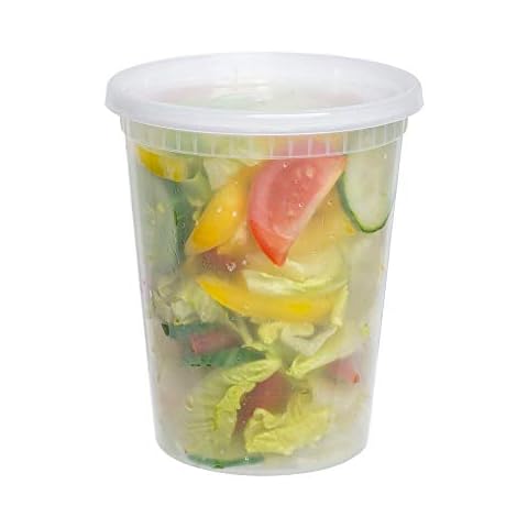 6-Pack Round Plastic Food Containers with Leak-Proof Lids - BPA-Free - Microwave, Fridge, and Freezer Safe - Recyclable, Washable, and Reusable Meal Prep Storage Tubs - Capacity: 950ml (32oz) Cover