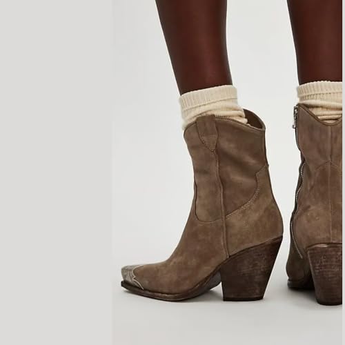 Image of keleimusi Women's Western Cowgirl Ankle Boots Stacked Block Heel Cowboy Booties Steel Toe Heeled Short Cowboy Boots Side Zipper Western Booties for Women