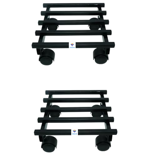 Image of UTKARSH Metal Plant Stand with Wheels - Pack of 2 | Heavy Duty Pot Holder for Home, Balcony & Garden | Square Metal Flower Pot Trolley for Indoor Outdoor Use | Black
