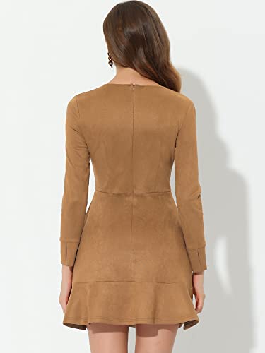 Allegra K Women's Faux Suede Round Neck Elegant Long Sleeve Ruffle Dress4