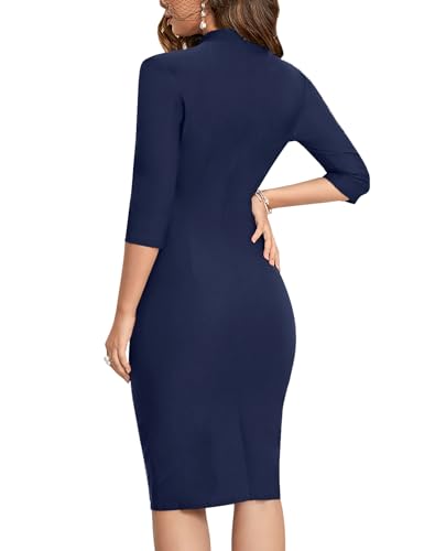 MUXXN Women's 1950s Retro 3/4 Sleeve V Neck Midi Sheath Vintage Cocktail Work Pencil Dresses2