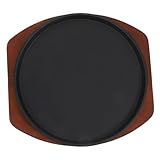 LOPUNER 1satz Gusseisen Grillplatte Mit Holzunterlage Runde Steakpfanne Für Induktionsherde Zum Grillen Von Fisch Steak Und Käse Gleichmäßige Wärmeverteilung Robust Und Tragbar