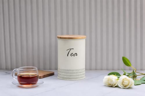 Image of JISCOVERY Airtight Tea, Sugar & Coffee Container Set of 3| Metal Storage Canister with Wooden Lid for Kitchen| Storage Box for Kitchen Counter Top| 1300 ML| White
