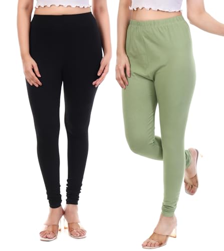 Image of TPF Women Solid Cotton Lycra 4 Way Stretchable Leggings | Combo Pack of 2 Comfortable Churidar-Length Slim Fit Leggings for Women & Girls
