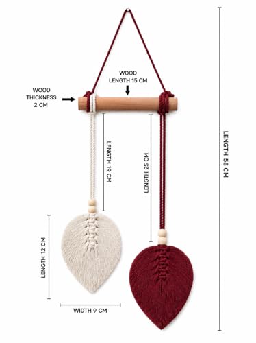Image of AdFashionble Boho Macrame Wall Hanging Leaf Decor for Home, Living Room & Bedroom | Cotton Thread Art with Wooden Rod | Minimalist Handmade Wall Decoration | Aesthetic Nordic Wall Art for Home, Office & Gift Purpose Lenght- 58 cm Width- 15 cm (MAROON & OFFWHITE)