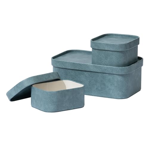 La Jolie Maison Vegan Leather Storage Boxes with Lids, Set of 3 Decorative Storage Containers Organize Stackable Storage Box, Dusty Blue