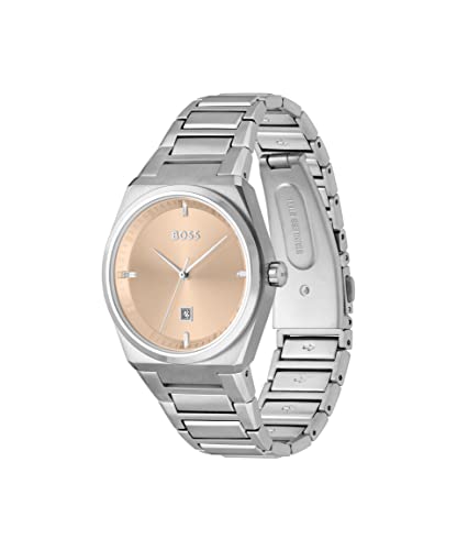 Image of BOSS Steer Qtz Basic Calendar Carnation Gold Tonneau Dial Women's Watch|Stainless Steel Material|Silver Color Band - 1502670