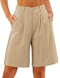 luvamia Bermuda Shorts for Women High Waisted Linen Dressy Casual Pleated Wide Leg Summer Shorts with Elastic Waist Khaki Size Large Fits US 12-14
