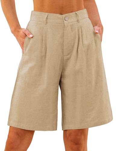 luvamia Bermuda Shorts for Women High Waisted Linen Dressy Casual Pleated Wide Leg Summer Shorts with Elastic Waist Khaki Size X-Large Fits US 16-18