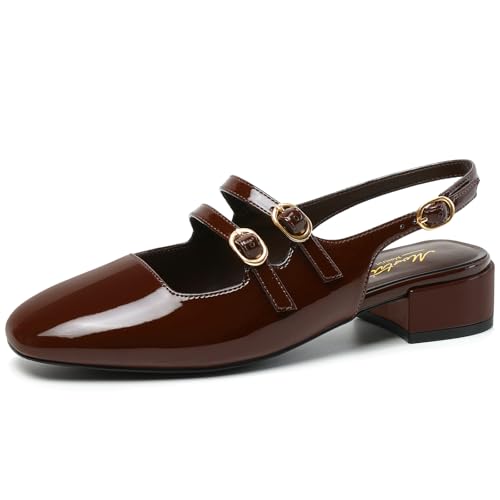 Image of Mostrin Mary Jane Shoes Women Slingback Chunky Low Heels for Women Closed Rounded Toe Ankle Strap Pumps Daily Wedding Party Dress Shoes
