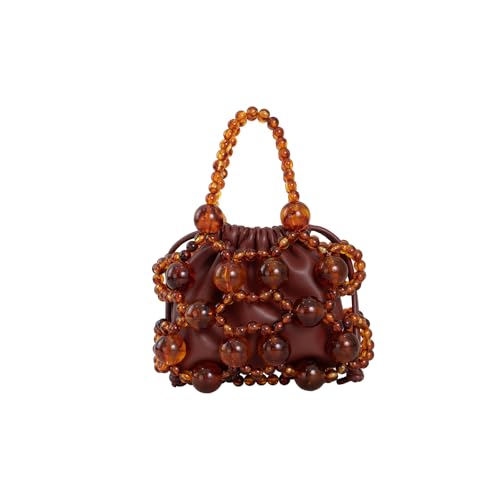 frrbuu Womens brown leather shoulder bag with amber bead decoration Bohemian womens crossbody bag cute little handbag (brown)