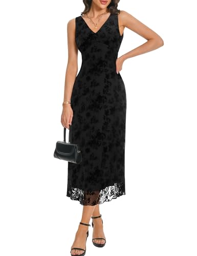 Image of Women's Sexy V Neck Sleeveless Mesh Maxi Dresses Summer Casual Elegant Long Floral Dress Wedding Guest Cocktail Party