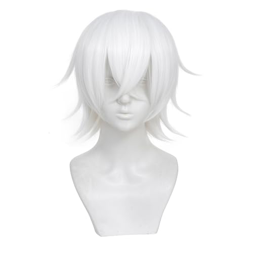 kelagoo Short White Wig for Men/Women Short White Mens Wigs for Cosplay Anime Cosplay Wig Layered Party Wigs with Bangs for Halloween Costume Christmas Peluca Negra Synthetic Hair (White-60A)