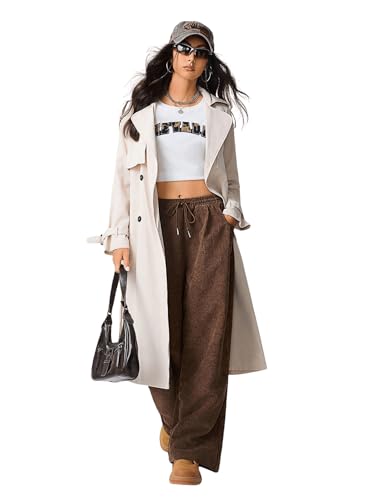 Women's Baggy Corduroy Pants Straight Leg Drawstring Elastic Waist Loose Long Trousers with Pockets4