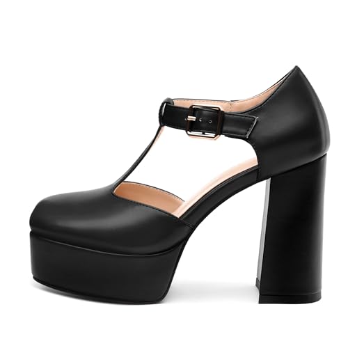 FEMSTEP Women's T-Strap Mary Jane Heels Platform High Block Chunky Square Toe Pumps Party Shopping Dating Daily Wear Dress Shoes2
