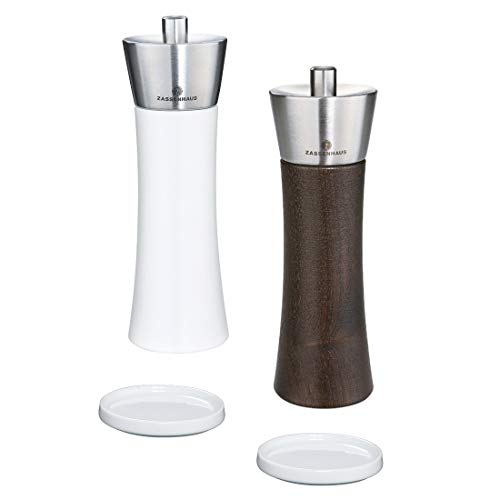 Zassenhaus Set Augsburg 18 cm Pfeffermühle & Salzmühle Dunkelbraun Weiß & Porzellanuntersetzer Cover